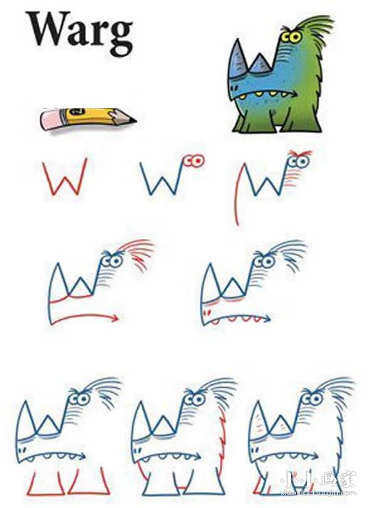 字母W简笔画长角怪兽的画法图片步骤- www.chuantongba.top